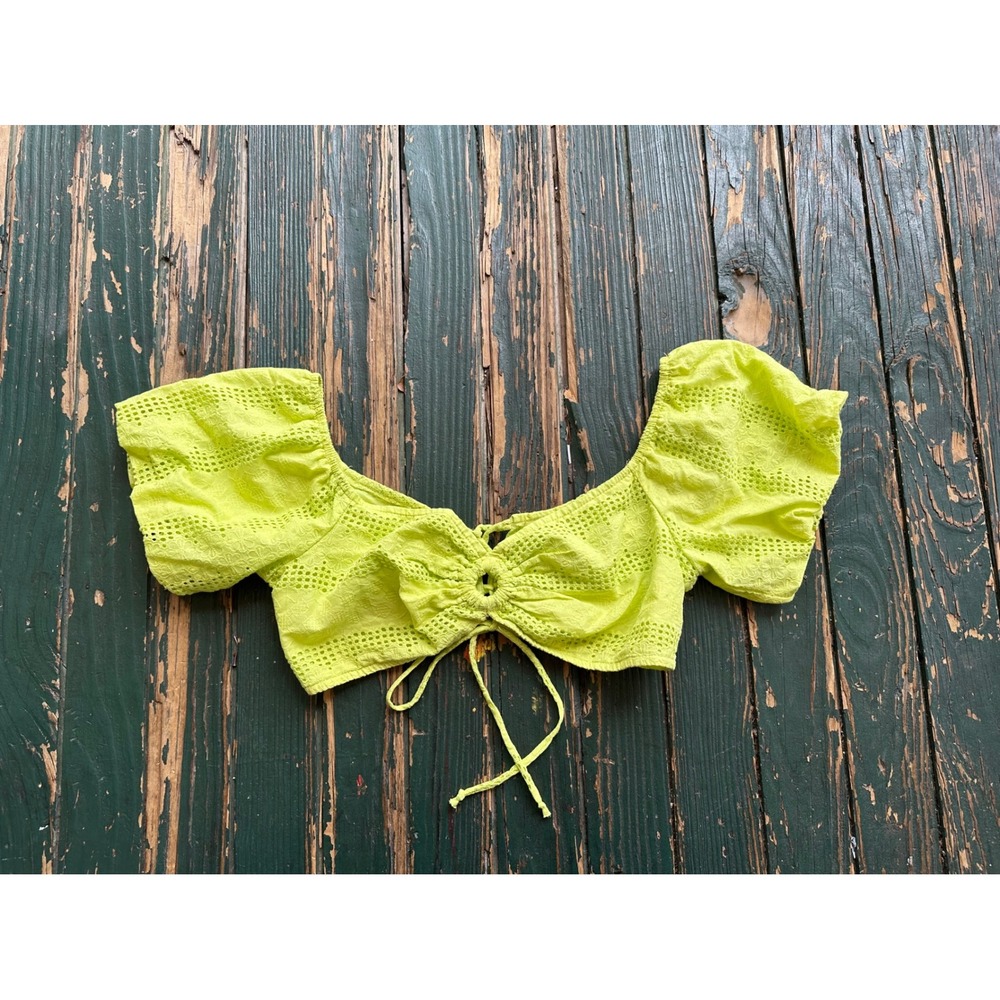 Wild Fable Neon Lime Green Eyelet Crop‎ Top Puff Sleeve Tie Front Lace Up Back L